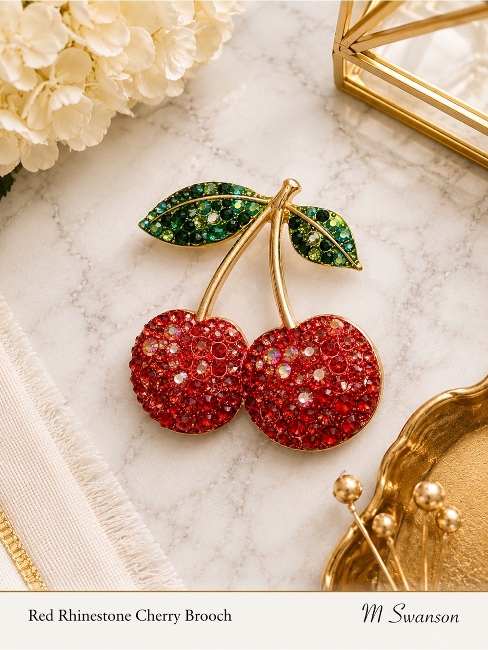 NEW Red Rhinestone Cherry Brooch Pin Gold-Tone Crystal Statement